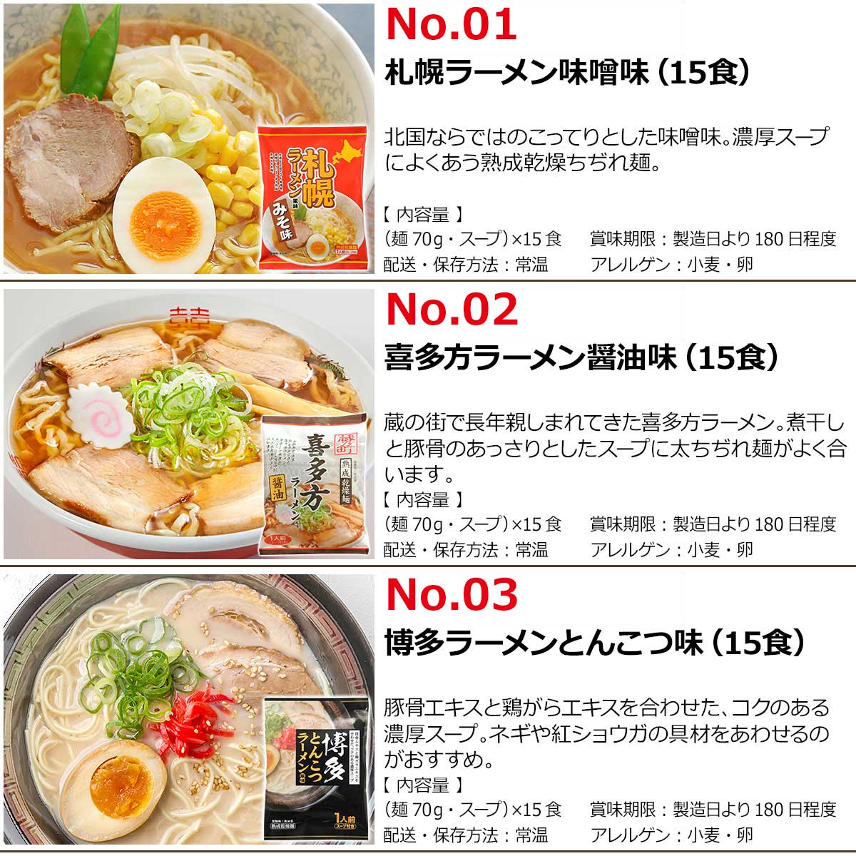 選べる日本3大ラーメンご当地シリーズ（15食）（札幌 喜多方 博多）